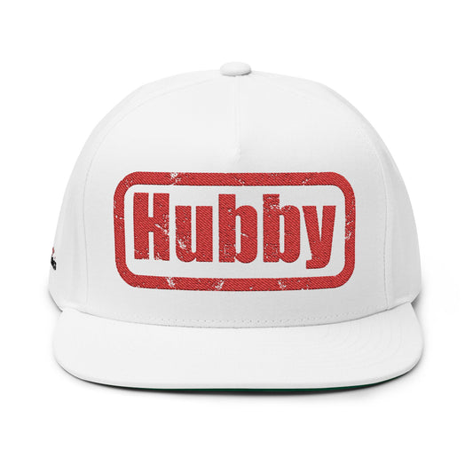 Hubby Embroidered Flat Bill Cap — Retro Red Logo Snapback Hat for Grooms & Anniversaries