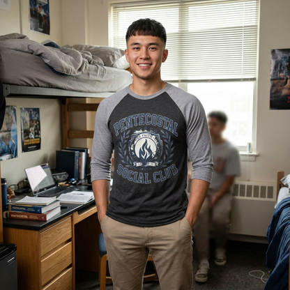 Pentecostal Social Club Raglan Tee — Vintage Faith Baseball Shirt