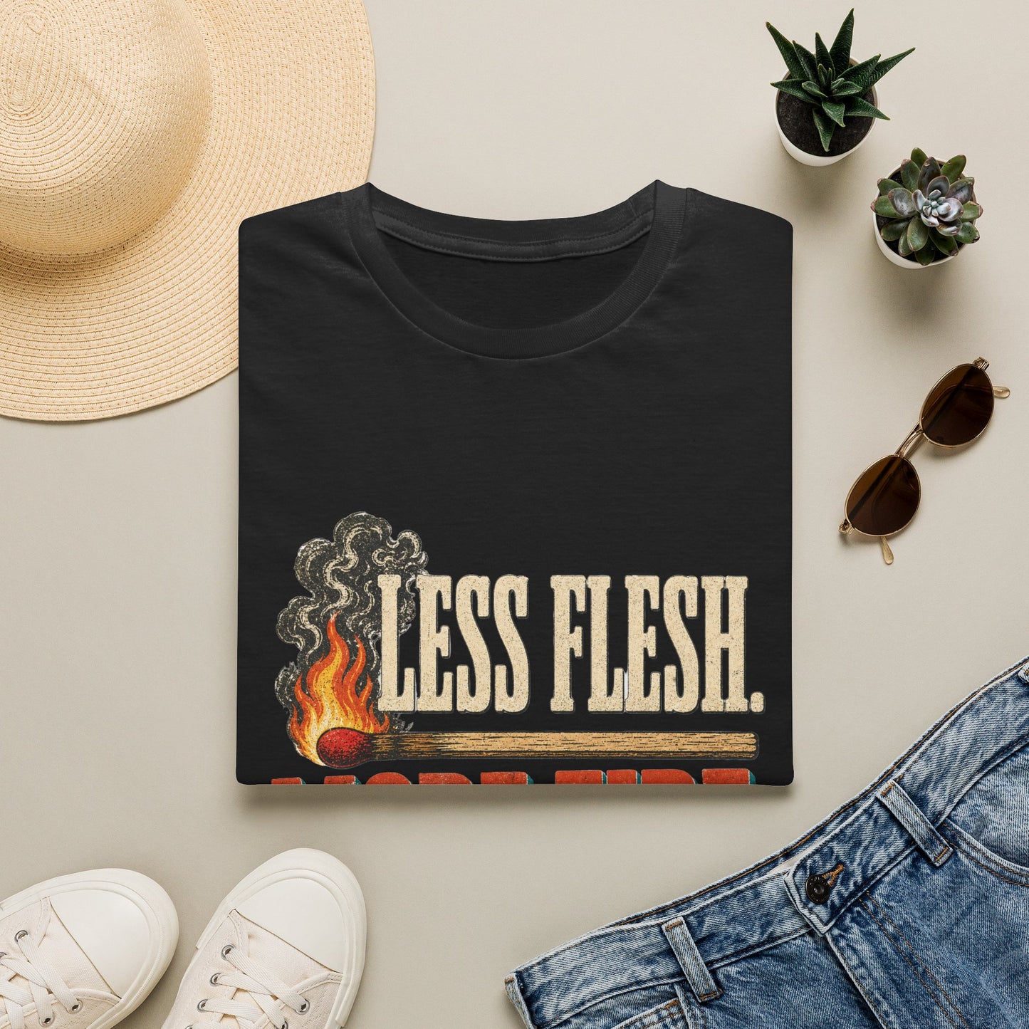 T-Shirt — “Less Flesh, More Fire” Christian Faith Graphic Tee (Galatians 5:24)